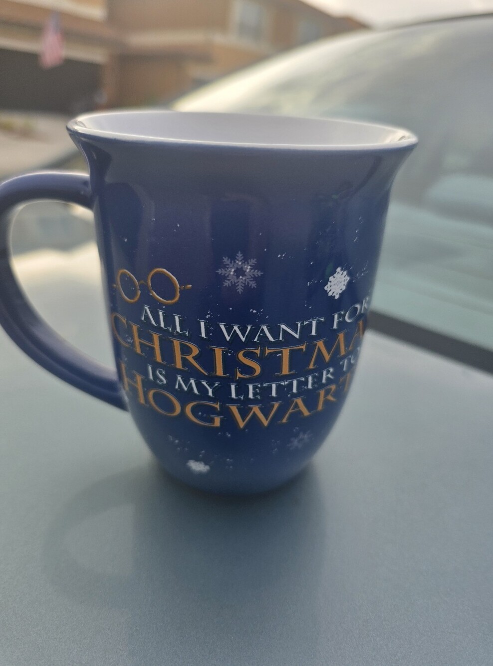Blue Christmas Hogwarts Letter Ceramic Mug with Gold Accents